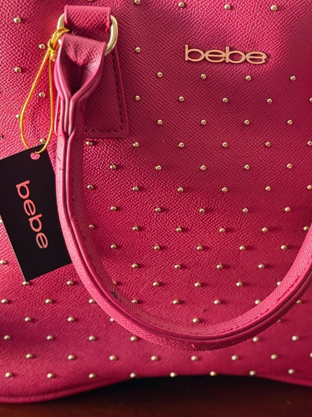 bebe Sagan Studded Satchel Dark Pink Gold Studs NWT